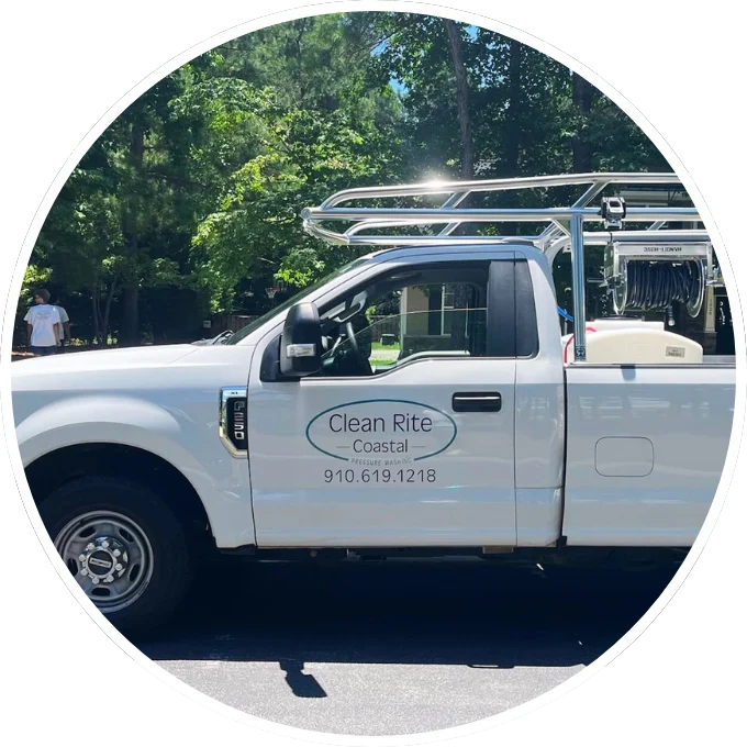 Residential Service Truck Clean Rite Coastal truck parked outdoors, specializing in pressure washing Wilmington NC. Contact number visible on the vehicle's door.