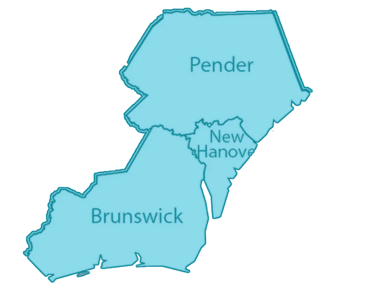 Service Area Map – Southeastern NC (3) Map highlighting Pender, New Hanover, and Brunswick counties, relevant for pressure washing Wilmington NC services.