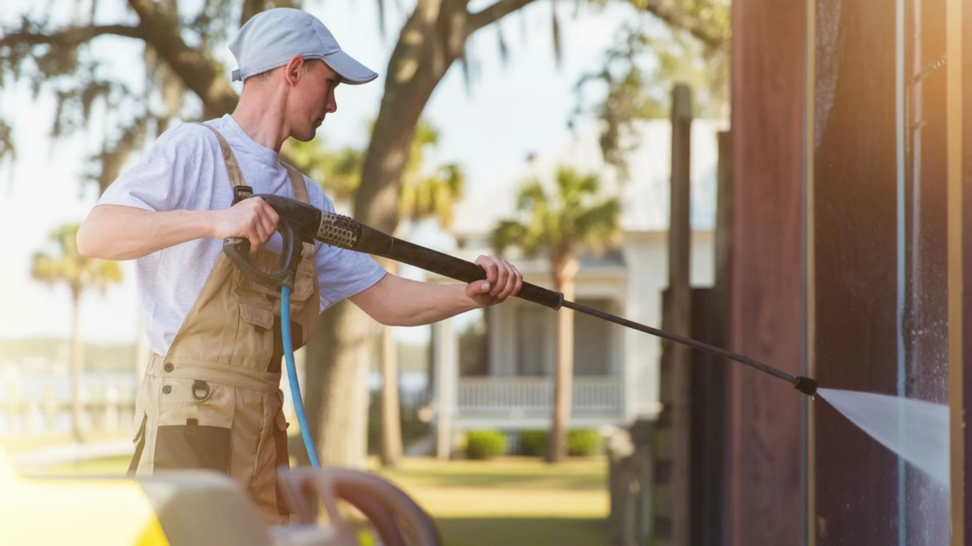 Man pressure washing a wooden wall in a sunny yard, highlighting pressure washing Wilmington NC services.